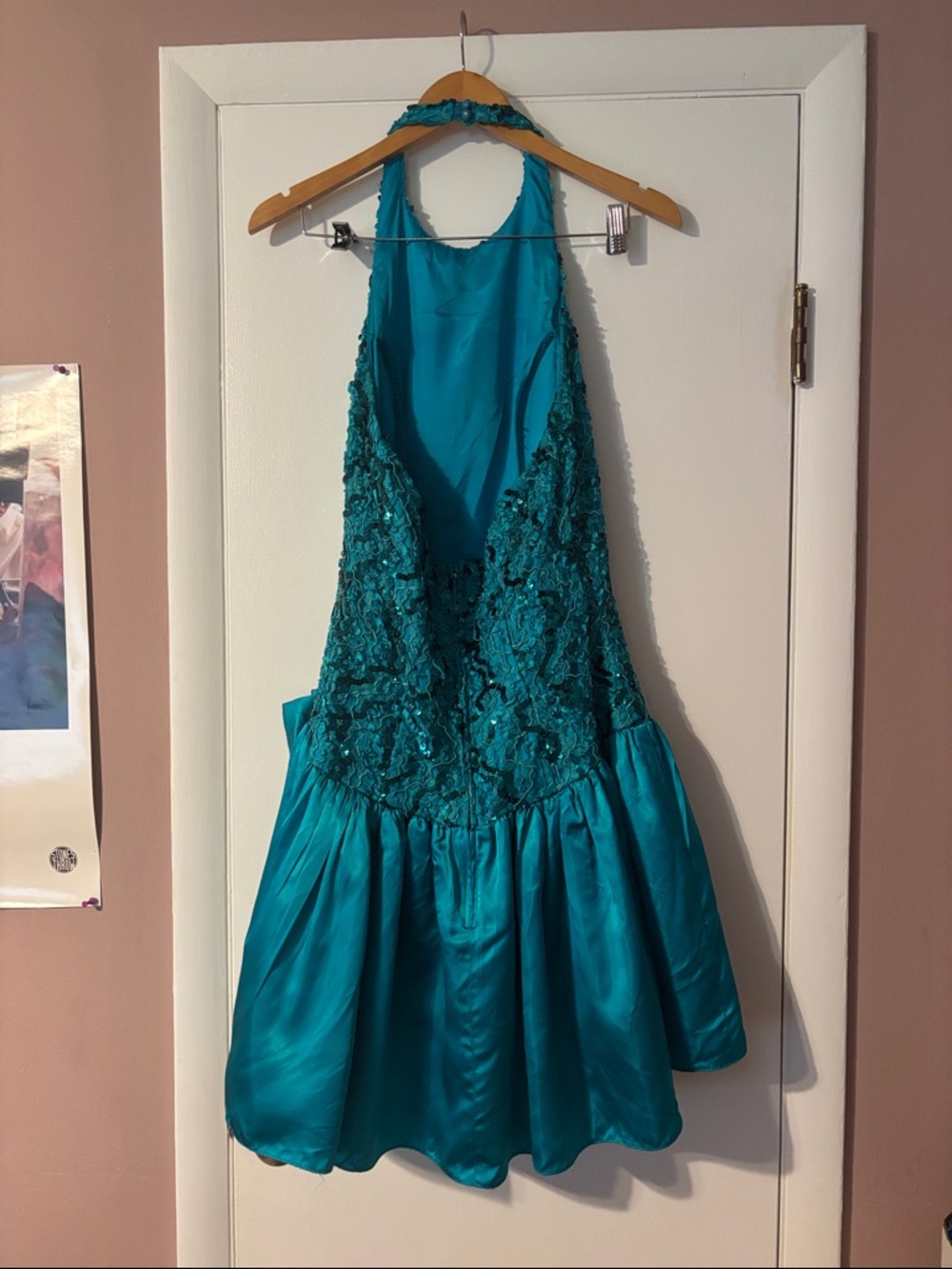Vintage 80’s Sequin Party Dress Teal Bow Halter Bow Dropwaist Cocktail Dance 90’ - Picture 6 of 17